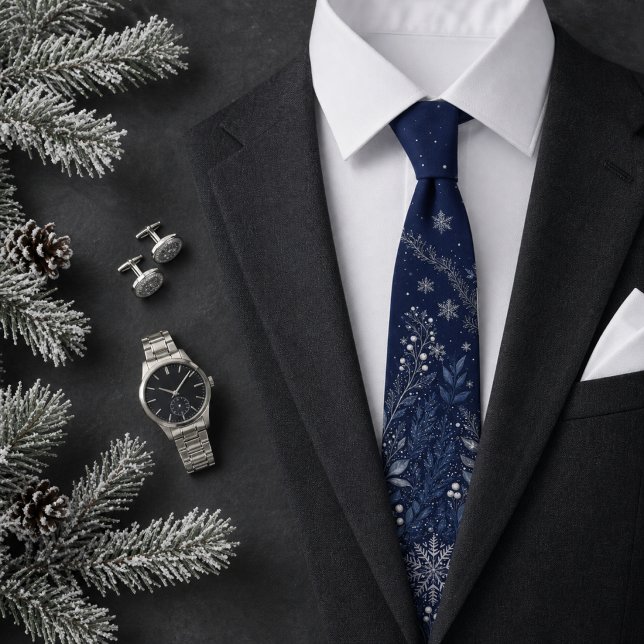 Elegante Corbata de Noche Azul Plateada con Copo d (Elegant Navy Blue Silver Snowflake Winter Holiday Neck Tie)