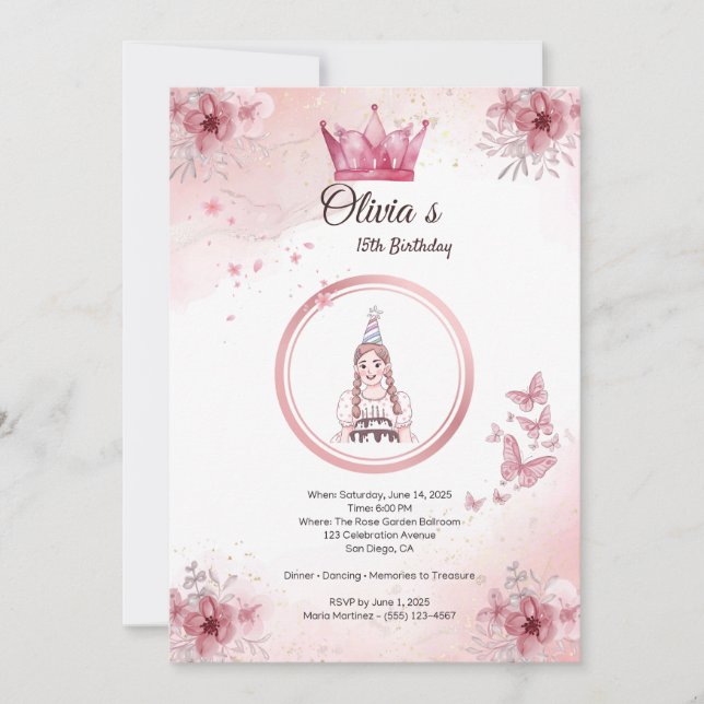 Elegante corona floral rosa invitación a los 15 añ (Anverso)