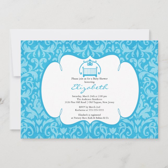 Elegante criba Damask Boy Invitación Baby Shower (Anverso)