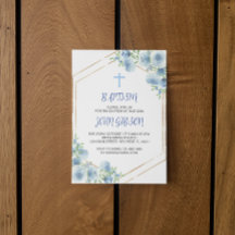 Elegante cruz azul floral bautismo niño invitación
