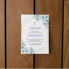Elegante cruz azul floral bautismo niño invitación