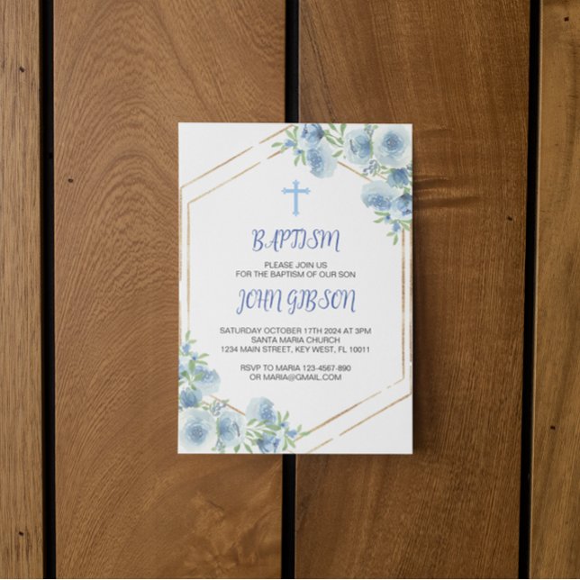 Elegante cruz azul floral bautismo niño invitación (baptism blue cross boy invitation card)
