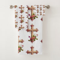 Elegante cruz de madera con flores rosadas estampa