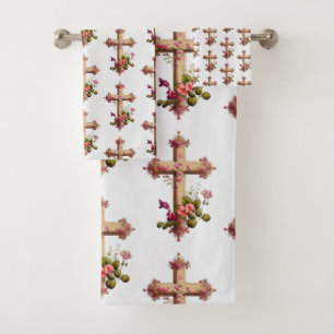 Elegante cruz de madera con flores rosadas estampa