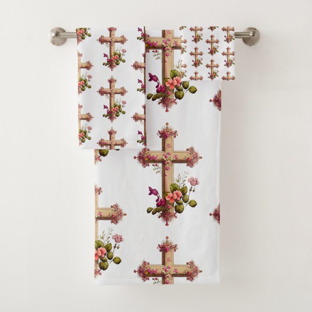 Elegante cruz de madera con flores rosadas estampa (In situ)