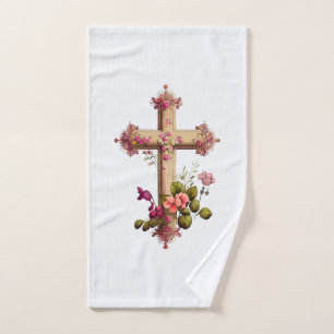 Elegante cruz de madera con flores rosas