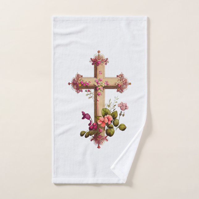 Elegante cruz de madera con flores rosas (Toalla de mano)