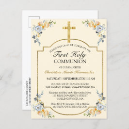 Elegante cruz de oro floral 1ª invitación a la San