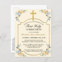 Elegante Cruz de Oro Floral 1ra Invitación de Prim