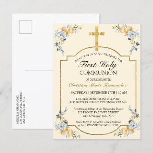 Elegante Cruz de Oro Floral 1ra Invitación de Prim
