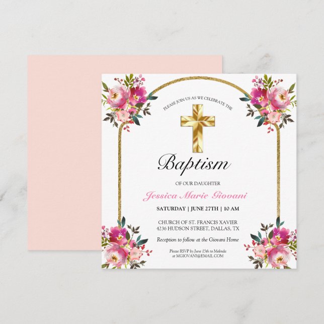 Elegante cruz de oro PInk Invitación al bautismo f (Anverso / Reverso)