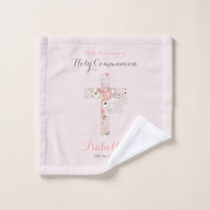 Elegante cruz floral de comunión rosa rosa