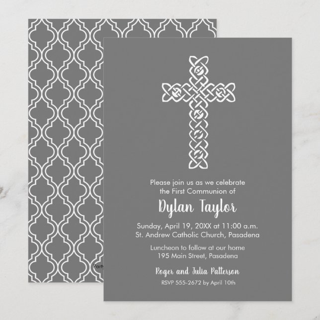Elegante Cruz Primera Invitación Gris de la Comuni (Anverso / Reverso)