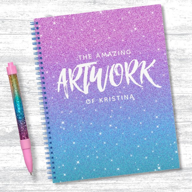 Elegante cuaderno de Purpurina morado monograma (A cute purple and blue glitter sketchbook. Personalize it with your name.)