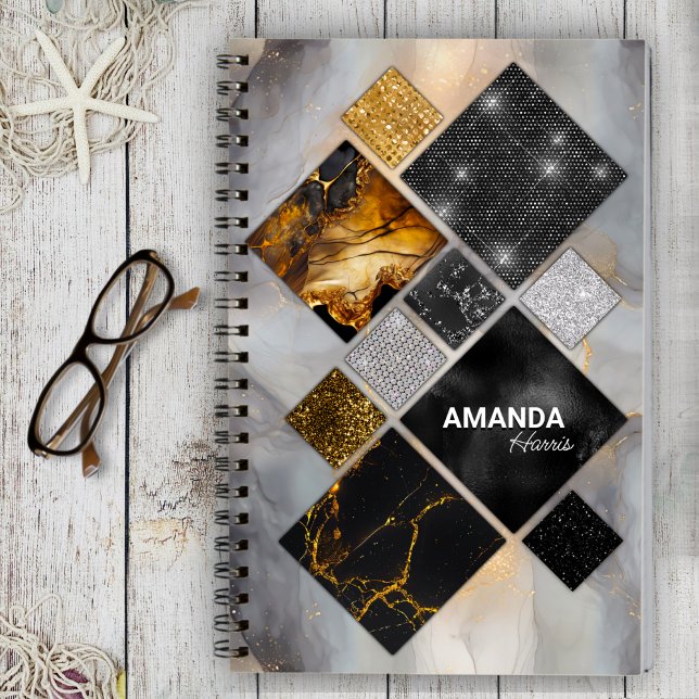 Elegante cuaderno geométrico de plata dorada negra (Subido por el creador)