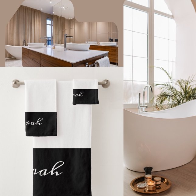 Elegante cuarto de baño de caligrafía blanca y neg (Black and White Script Name Towel.)