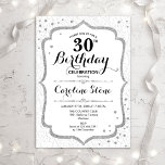 Elegante cumpleaños 30 - Invitación blanca platead<br><div class="desc">Elegante Invitación de cumpleaños número 30. Diseño elegante en blanco y plateado. Presenta un patrón de damasco,  tipo de letra de guión y confetti de plata purpurina falso. Perfecto para una fiesta de cumpleaños blanca. Se puede personalizar para mostrar cualquier edad. Mándame un mensaje si necesitas más personalización.</div>