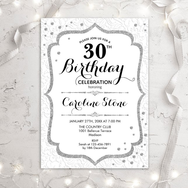 Elegante cumpleaños 30 - Invitación blanca platead (Subido por el creador)