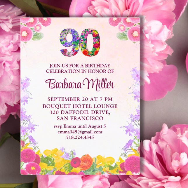 Elegante cumpleaños 90 - Invitación floral 90 (Subido por el creador)
