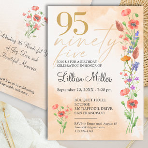Elegante Cumpleaños 95 Floral Dorado, Invitación a