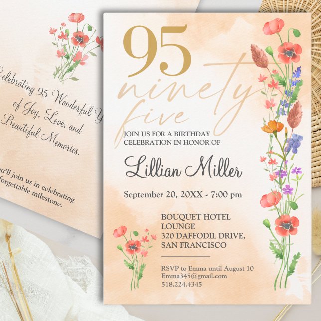 Elegante Cumpleaños 95 Floral Dorado, Invitación a (Subido por el creador)