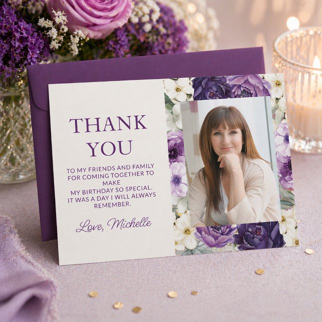 Elegante Cumpleaños Agradecimiento Floral Blanco M (Elegant purple floral birthday party photo "Thank You" card)