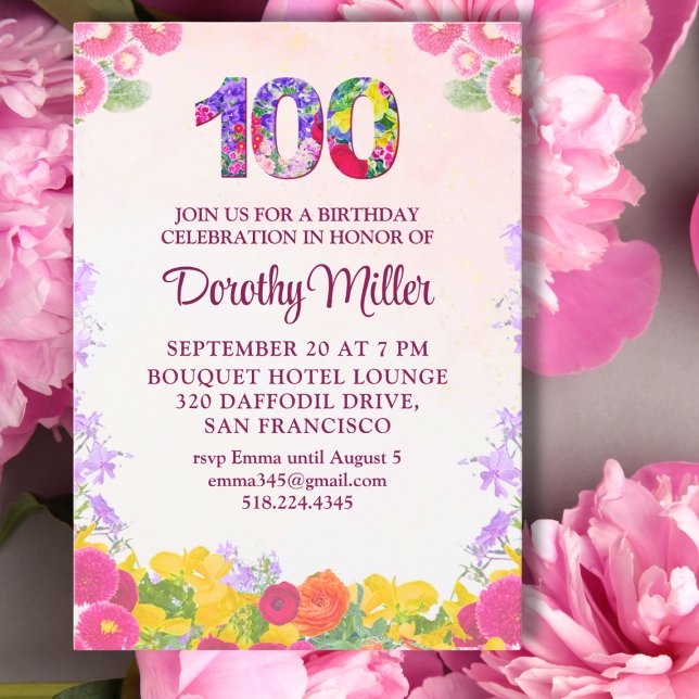 Elegante cumpleaños número 100 - Invitación floral (Subido por el creador)