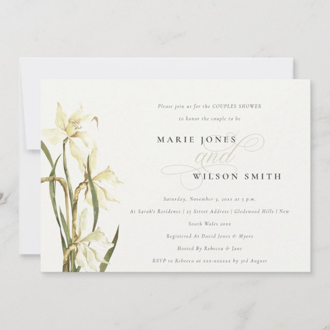 Elegante Daffodil Blanco Parejas Ducha Invitación (Anverso)