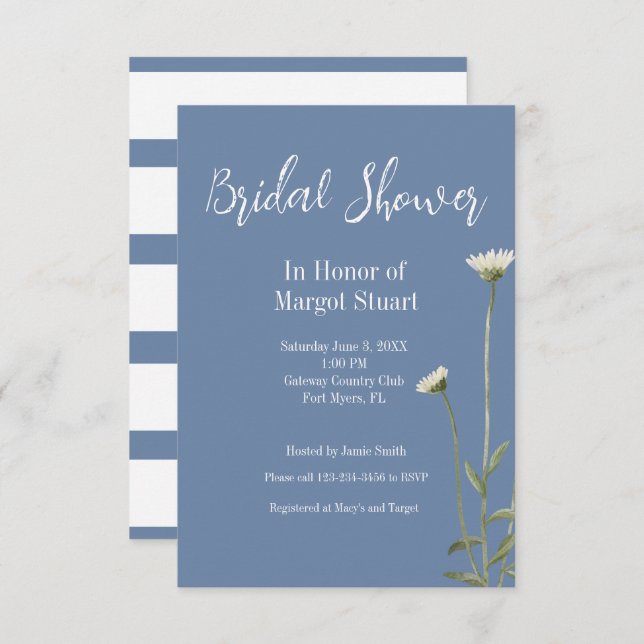Elegante Daisy Blue Gray Script Striped Bridal (Anverso / Reverso)