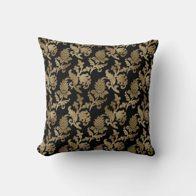 Elegante Damasco De Oro En Cojín decorativo Negro (Anverso)