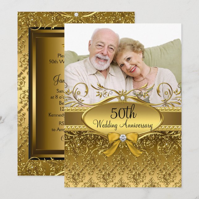 Elegante Damasco de Oro Invitación a 50 años (Anverso / Reverso)