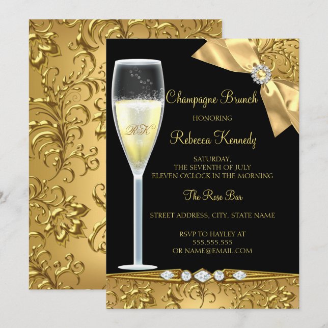 Elegante Damasco de Oro Negro Invitación a brunch  (Anverso / Reverso)