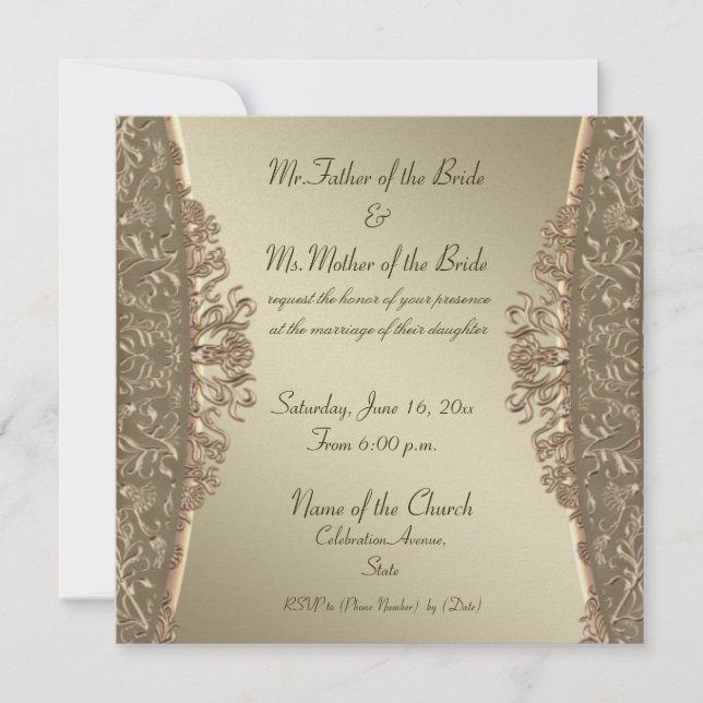 Elegante damasco dorado finas invitaciones de boda (Anverso)