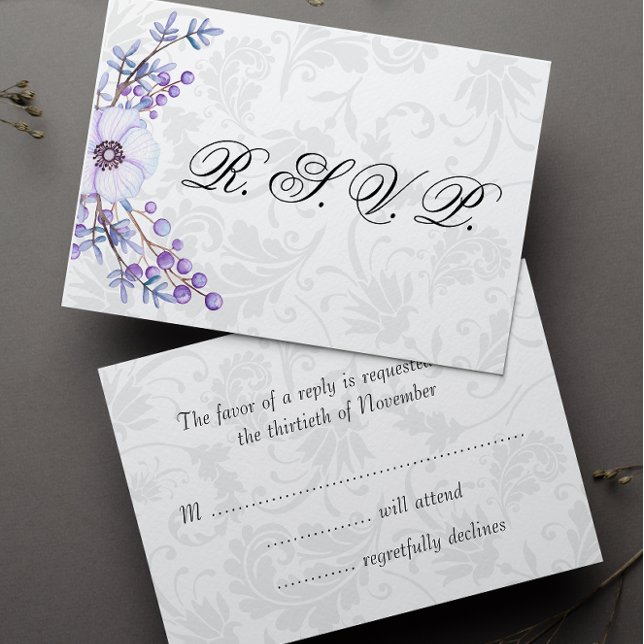 Elegante Damasco Gris y Boda Floral Púrpura RSVP (Subido por el creador)