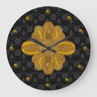 Elegante Damasco Negro con reloj de pared de oro