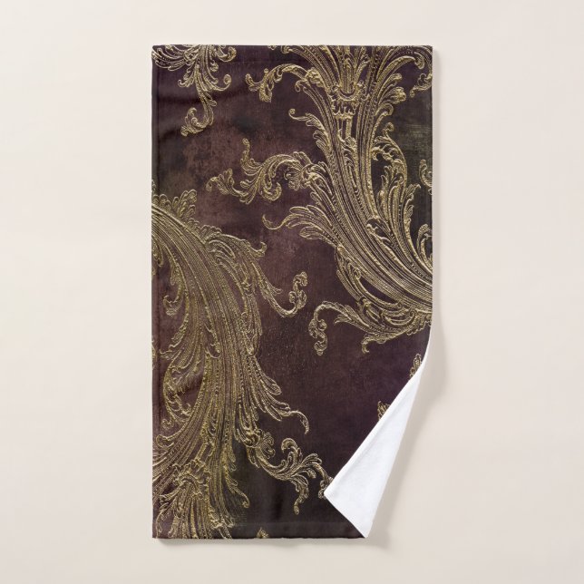 Elegante Damasco Negro Dorado (Toalla de mano)