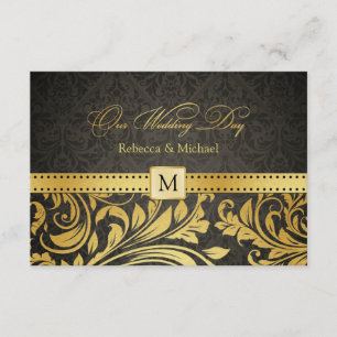 Elegante Damasco negro y dorado con Monograma RSVP