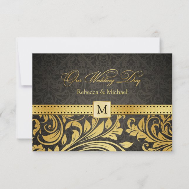 Elegante Damasco negro y dorado con Monograma RSVP (Anverso)