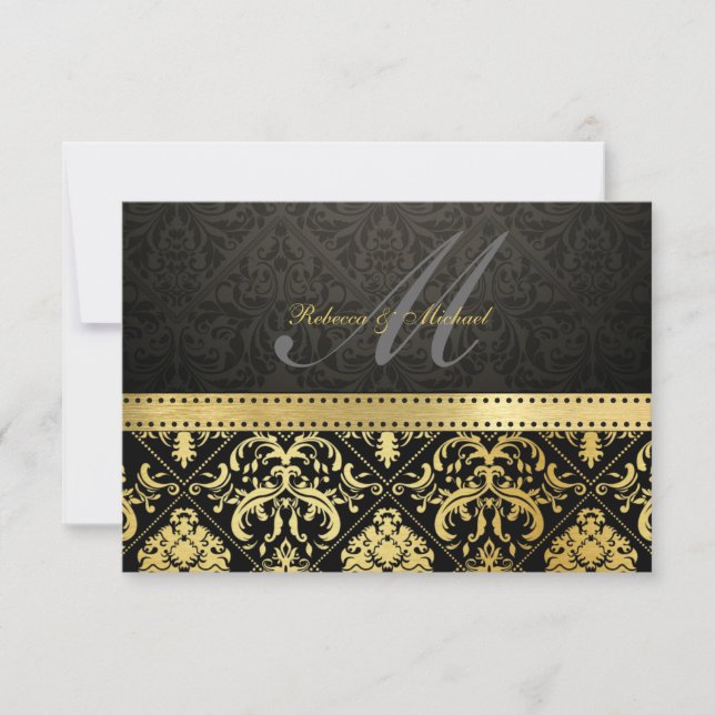 Elegante Damasco negro y dorado con Monograma RSVP (Anverso)