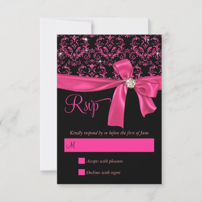 Elegante damasco rosa negro de 16 Fiestas RSVP (Anverso)