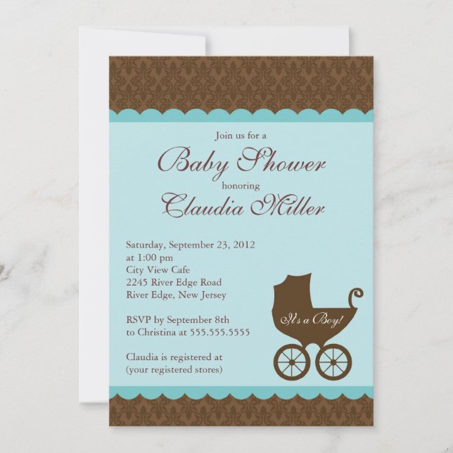 Elegante Damask Carriage Boy Invitación Baby Showe (Anverso)