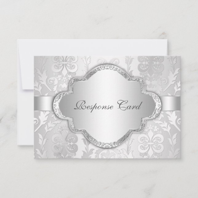 Elegante Damask Floral Swirl Silver RSVP (Anverso)
