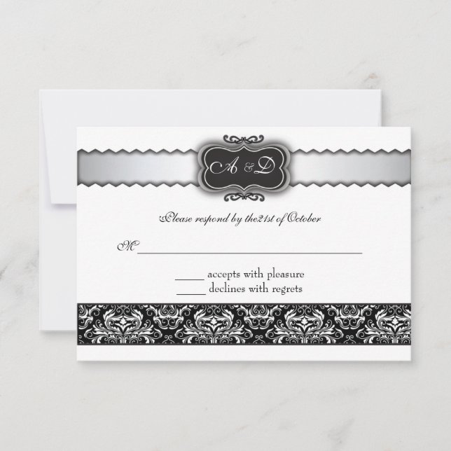 Elegante Damask negro y tarjetas RSVP plateadas (Anverso)