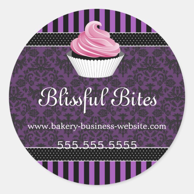 Elegante Damask Purple Cupcake Panadería Sellos de (Anverso)