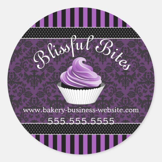 Elegante Damask Purple Cupcake Panadería Sellos de (Anverso)