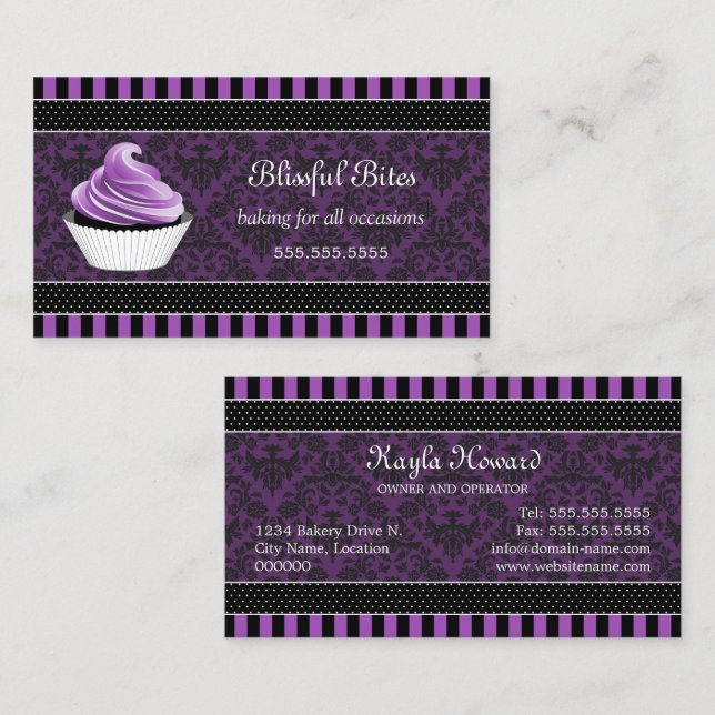 Elegante Damask Purple Cupcake Panadería Tarjeta d (Anverso / Reverso)