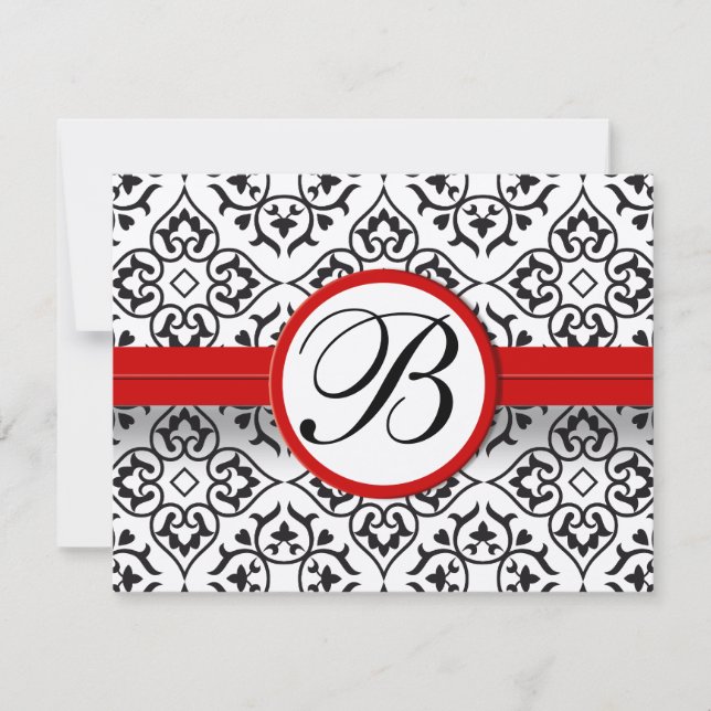 Elegante Damask Side Borders Red Trim Wedding RSVP (Anverso)