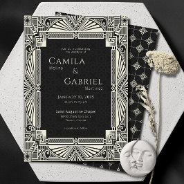 Elegante Deco Vintage Invitación marfil-negro