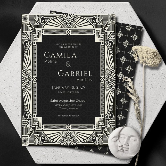 Elegante Deco Vintage Invitación marfil-negro (Subido por el creador)