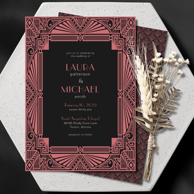 Elegante Deco Vintage Salmon Black Invitación (Subido por el creador)